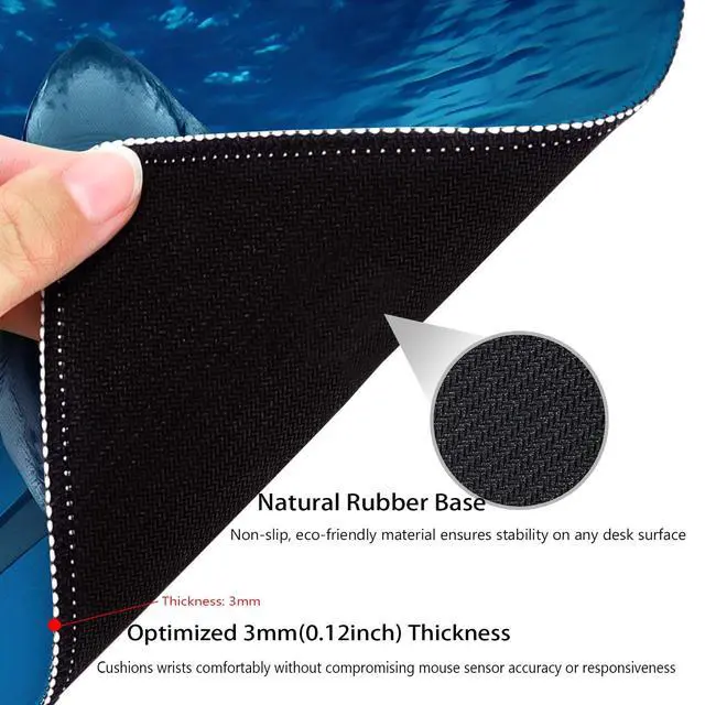Alt view image 5 of 6 - Great White Shark Anti-Slip Rubber Base Gaming & Office Mouse Pad with Stitched Edges 9.5 x 7.9 Inch, Blue Ocean Fish Durable Smooth Fabric Surface Desk Mat
