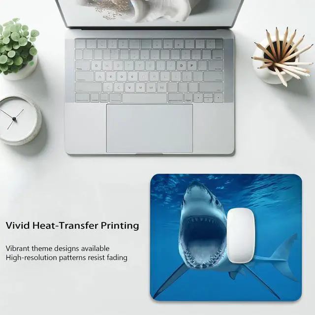 Alt view image 6 of 6 - Great White Shark Anti-Slip Rubber Base Gaming & Office Mouse Pad with Stitched Edges 9.5 x 7.9 Inch, Blue Ocean Fish Durable Smooth Fabric Surface Desk Mat