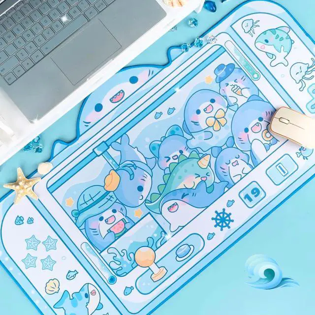 Alt view image 2 of 6 - Shark Desk Pad | Cute Pastel Large Mouse Pad | Cutecore Ocean Switch Anime Keyboard Gaming Mousepad | Machine Washable Nonslip Desk Blotter Protector for Kids Teens and Women (Blue White)