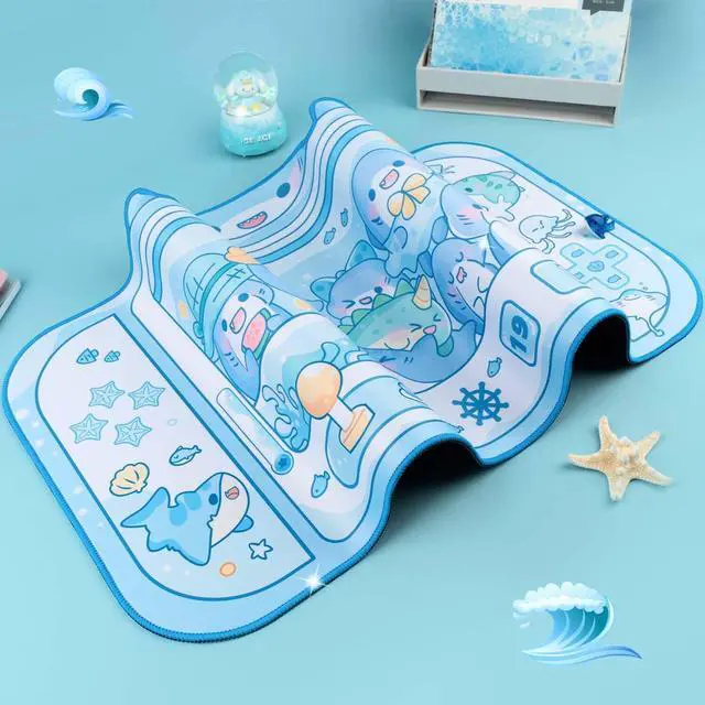 Alt view image 4 of 6 - Shark Desk Pad | Cute Pastel Large Mouse Pad | Cutecore Ocean Switch Anime Keyboard Gaming Mousepad | Machine Washable Nonslip Desk Blotter Protector for Kids Teens and Women (Blue White)