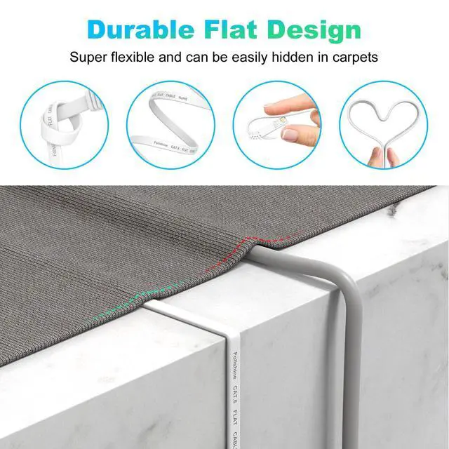 Alt view image 2 of 7 - 50 ft Ethernet Cable, Cat 6e/Cat 6, High Speed, Flat White Shielded LAN Cable for Ethernet Network Switch, PS4 and Modem
