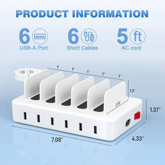 Alt view image 6 of 7 - Charging Station for Multiple Devices, 50W 6 Ports Charging Dock with 6 Cables Compatible with Cellphone,Tablet, Kindle, Apple Watch and Other Electronic