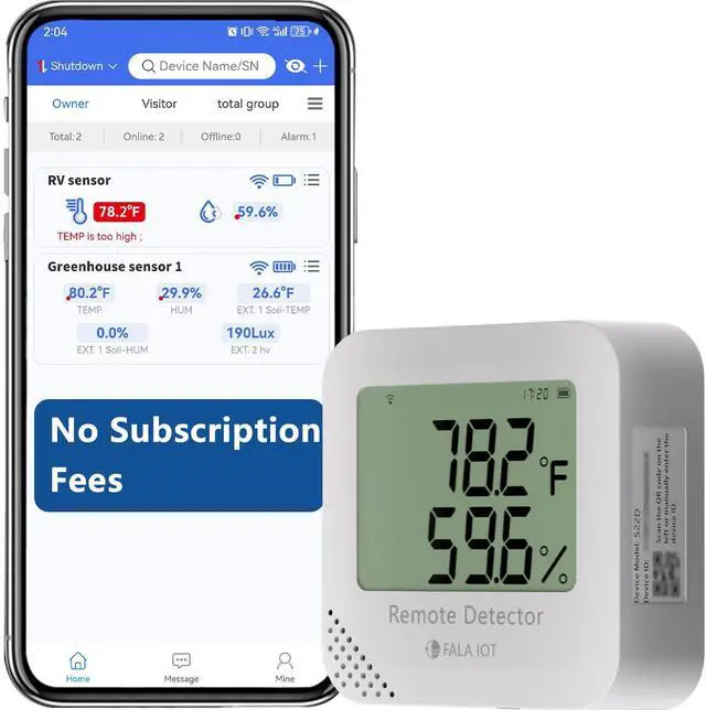 Main image of Remote WiFi Temperature & Humidity Sensor, No Subscription 24/7 Remote Temp Monitor with Email, Text Alerts, Sound & Light Alarm, Idea for RV, Pet, Greenhouse, Farm, Freezer, Server Room