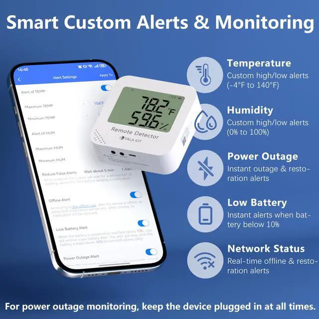 Alt view image 2 of 7 - Remote WiFi Temperature & Humidity Sensor, No Subscription 24/7 Remote Temp Monitor with Email, Text Alerts, Sound & Light Alarm, Idea for RV, Pet, Greenhouse, Farm, Freezer, Server Room