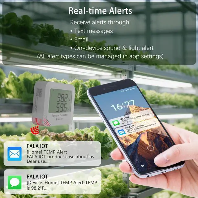 Alt view image 4 of 7 - Remote WiFi Temperature & Humidity Sensor, No Subscription 24/7 Remote Temp Monitor with Email, Text Alerts, Sound & Light Alarm, Idea for RV, Pet, Greenhouse, Farm, Freezer, Server Room
