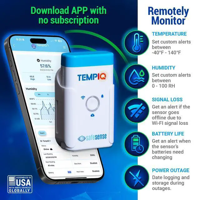 Alt view image 3 of 7 - TEMPIQ Remote WiFi Temperature & Humidity Sensor - App Integration, Alerts, Helps Monitor 2nd Home, AirBnb, RV, Pets,Freezer and Server Room, Indoor & Outdoor Hygrometer & Thermometer