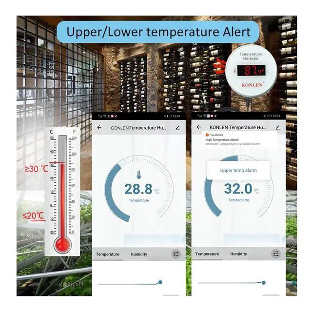 Alt view image 4 of 7 - Tuya WiFi Temperature Sensor with External 9.8ft Probe Cable, Smart Life Digital Thermometer Detector for Freezer Water Tank Pool Home Greenhouse, Upper Lower Temp Remote Alarm KONLEN
