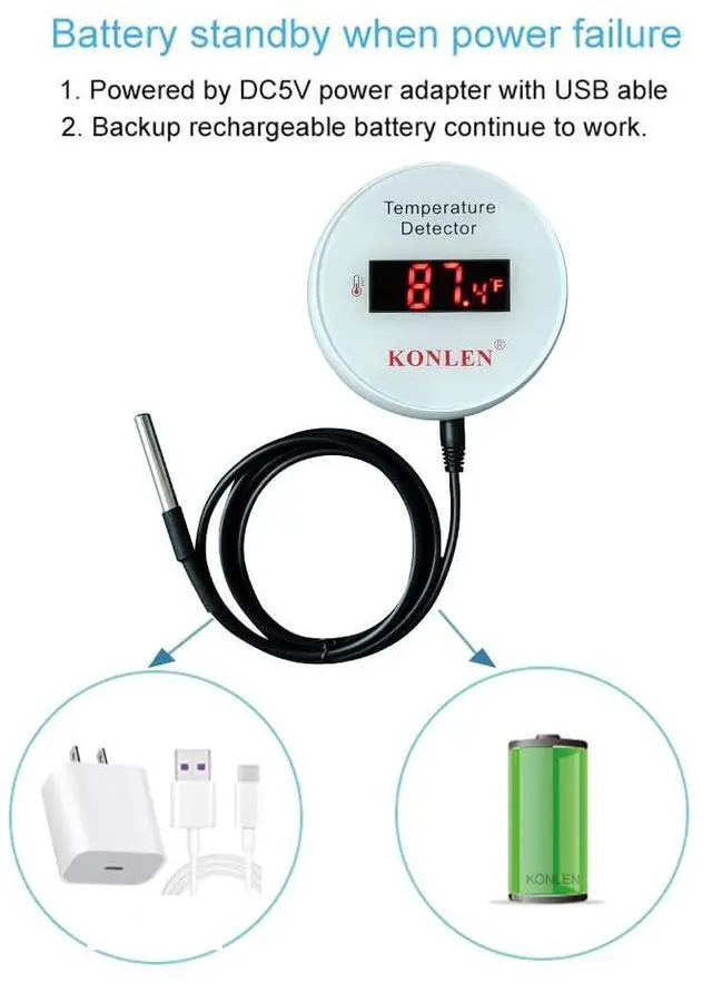 Alt view image 6 of 7 - Tuya WiFi Temperature Sensor with External 9.8ft Probe Cable, Smart Life Digital Thermometer Detector for Freezer Water Tank Pool Home Greenhouse, Upper Lower Temp Remote Alarm KONLEN