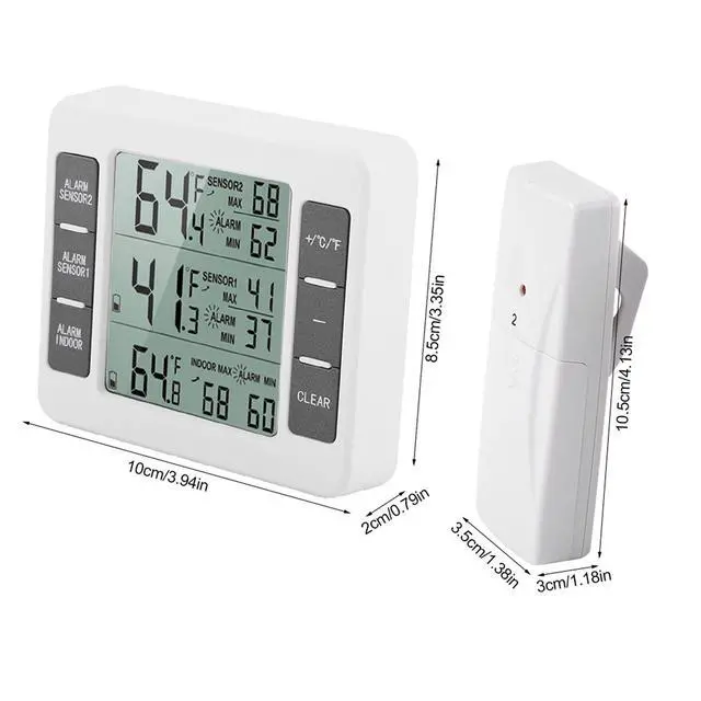 Alt view image 2 of 7 - Digital Refrigerator Thermometer Freezer Thermometer with Audible Alarm Wireless Sensors 2PCS Temperature Monitor LCD Display Min Max for Kitchen Home Outdoor
