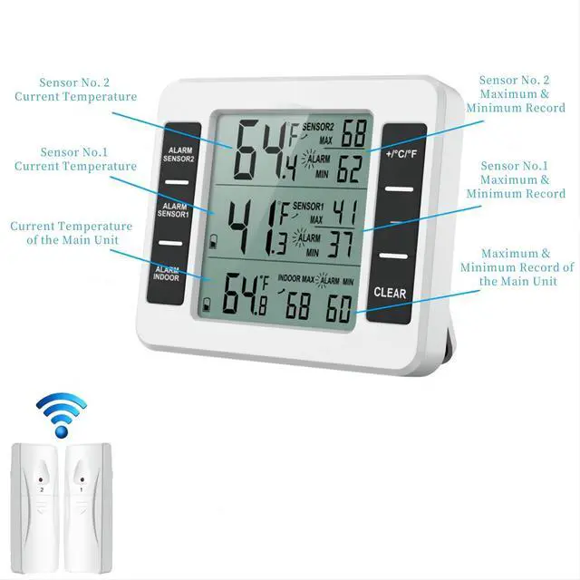 Alt view image 3 of 7 - Digital Refrigerator Thermometer Freezer Thermometer with Audible Alarm Wireless Sensors 2PCS Temperature Monitor LCD Display Min Max for Kitchen Home Outdoor