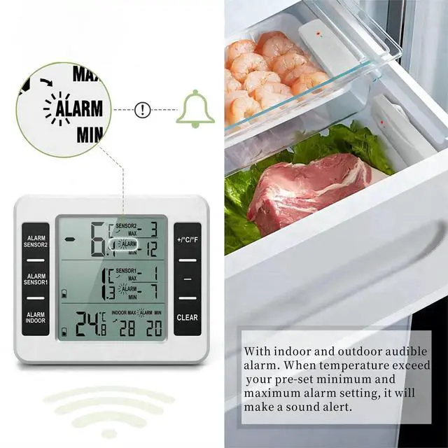 Alt view image 5 of 7 - Digital Refrigerator Thermometer Freezer Thermometer with Audible Alarm Wireless Sensors 2PCS Temperature Monitor LCD Display Min Max for Kitchen Home Outdoor