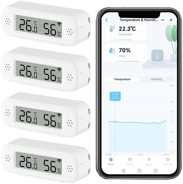 Main image of Smart Digital Thermometer Hygrometer, WiFi Indoor Temperature Humidity Sensor with App Alerts, Mini Room Temperature Meter with Data Storage and Export, Compatible with Alexa. 4PCS