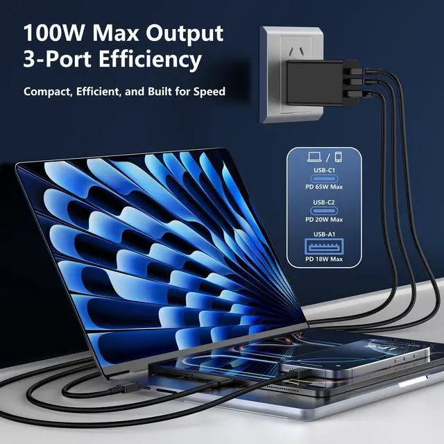 Alt view image 3 of 7 - 100W USB C Charger Block,3 Port GaN+ USB-C Wall Charger,65W Type C Multi Port Power Super Fast Charging Block Adapter&6FT Cable for iPhone 17/16/15 Air Pro Max Plus, iPad,SamSung Galaxy Series,MacBook