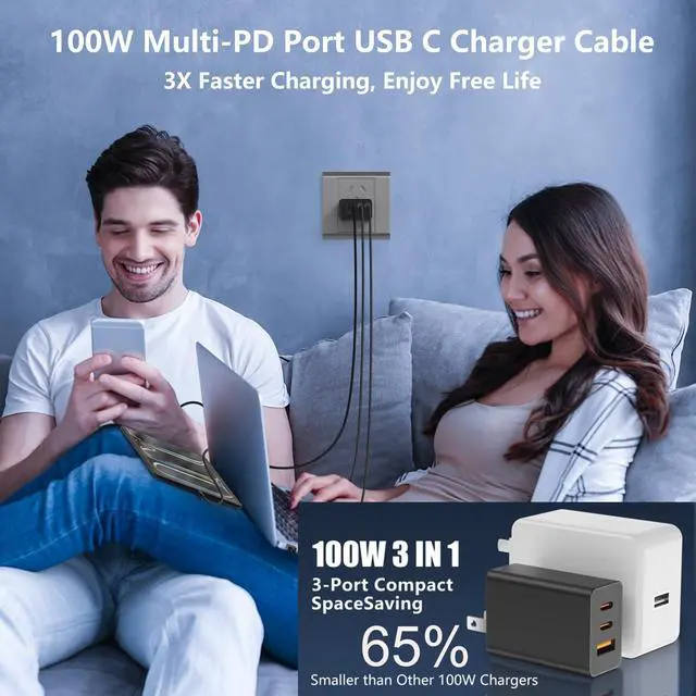 Alt view image 7 of 7 - 100W USB C Charger Block,3 Port GaN+ USB-C Wall Charger,65W Type C Multi Port Power Super Fast Charging Block Adapter&6FT Cable for iPhone 17/16/15 Air Pro Max Plus, iPad,SamSung Galaxy Series,MacBook