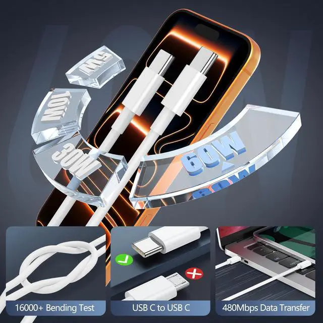 Alt view image 4 of 7 - 40W for iPhone 17 16 Pro Max Charger Fast Charging,2-Pack Super Fast USB C Charger Block for iPhone 16/16 Pro Max/15 Plus Series/iPad Pro,PD 3.0 Wall Charger with 6FT&10FT Long C Cable