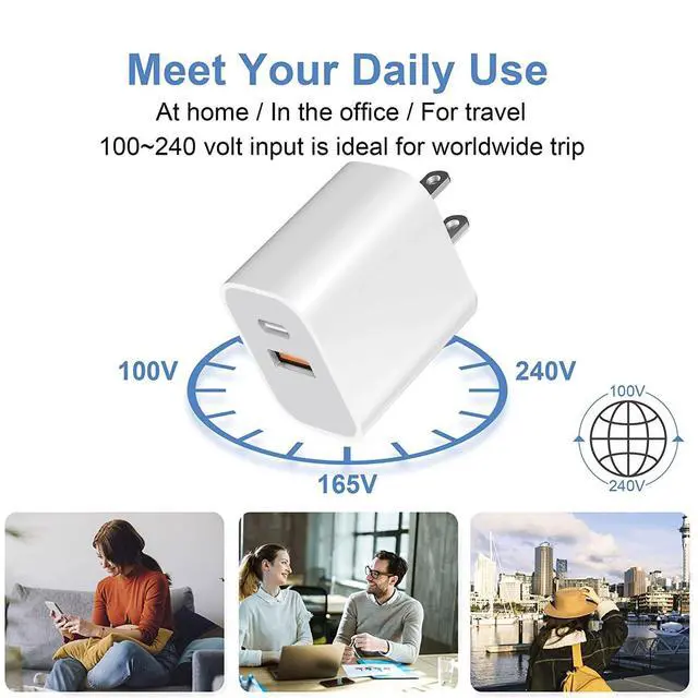 Alt view image 6 of 7 - USB Power BlockWall Charging Adapter, Dual-Port Charger with c to c Cables for iPhone 17/16/16 Pro Max/15 Series/Pro and More (White, 3-Pack)