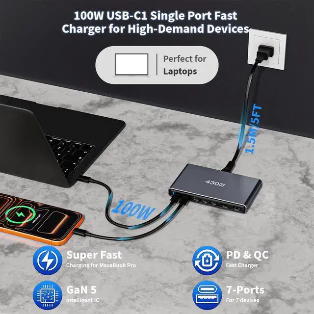 Alt view image 3 of 7 - GaN5 430W USB C Charger Block Charging Station,Apple 7 Port Fast Charging Block with Dual 100W USBC Multiport Adapter TypeC & USBA Desktop Charger for iPhone17/16/15/14/13/Pro Max/MacBook Pro/Air/iPad