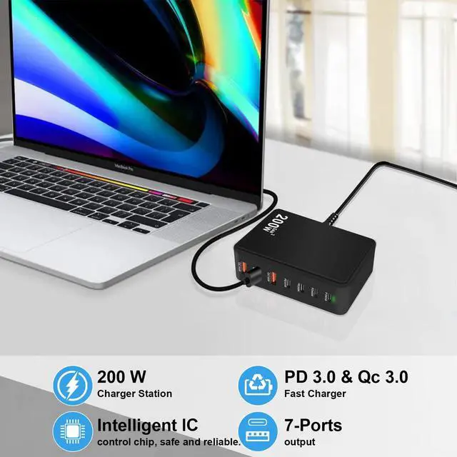 Alt view image 3 of 7 - USB C Charger Block 200W 7 Port GaN Fast Charging Block Station, Multiport PD QC3.0 Brick Hub Compatible with Laptop MacBook Pro/Air, iPad, iPhone 17/16/15, Galaxy S23/22, DELL, Steam Deck(Black)