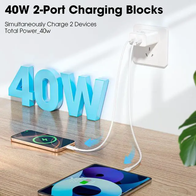 Alt view image 2 of 7 - 40W for iPhone 17 16 15 USB C Charger Block, 2Pack Dual USBC Fast Charging Brick Type C Power Plug Cube for iPhone 17 Air/Pro/Pro Max/16 15 14 Plus/Pro Max for iPad for Samsung