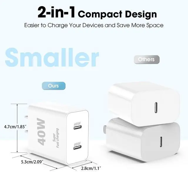 Alt view image 5 of 7 - 40W for iPhone 17 16 15 USB C Charger Block, 2Pack Dual USBC Fast Charging Brick Type C Power Plug Cube for iPhone 17 Air/Pro/Pro Max/16 15 14 Plus/Pro Max for iPad for Samsung