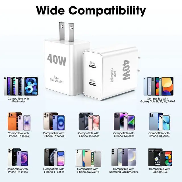 Alt view image 6 of 7 - 40W for iPhone 17 16 15 USB C Charger Block, 2Pack Dual USBC Fast Charging Brick Type C Power Plug Cube for iPhone 17 Air/Pro/Pro Max/16 15 14 Plus/Pro Max for iPad for Samsung
