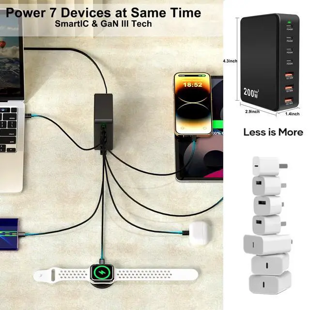 Alt view image 7 of 7 - USB C Charger Block 200W 7 Port GaN Fast Charging Block Station, Multiport PD QC3.0 Brick Hub Compatible with Laptop MacBook Pro/Air, iPad, iPhone 17/16/15, Galaxy S23/22, DELL, Steam Deck(Black)