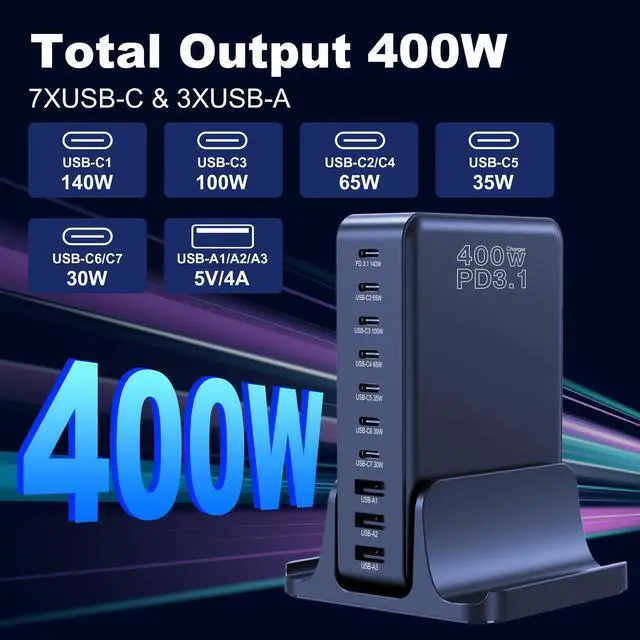 Alt view image 3 of 7 - 400W USB C Charger, GaN Compact 10-Ports PD3.1 140W PPS 45W QC20W Super Fast Charging Station for MacBook Laptop, iPad, iPhone 17/Pro/16/15, Galaxy S24/S23, Steam Deck and More