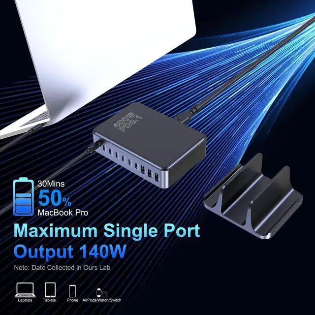 Alt view image 4 of 7 - 400W USB C Charger, GaN Compact 10-Ports PD3.1 140W PPS 45W QC20W Super Fast Charging Station for MacBook Laptop, iPad, iPhone 17/Pro/16/15, Galaxy S24/S23, Steam Deck and More