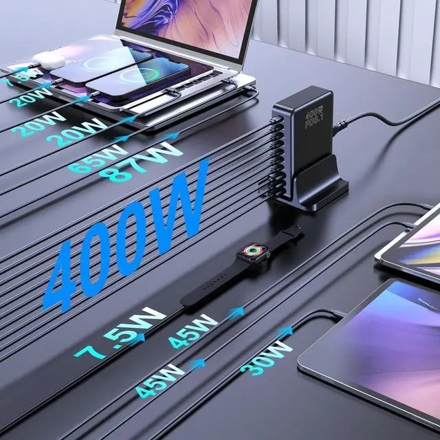 Alt view image 5 of 7 - 400W USB C Charger, GaN Compact 10-Ports PD3.1 140W PPS 45W QC20W Super Fast Charging Station for MacBook Laptop, iPad, iPhone 17/Pro/16/15, Galaxy S24/S23, Steam Deck and More