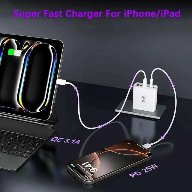 Alt view image 2 of 7 - 65W USB C Charger Block,6-Port iPhone Charger Fast Charging,Multiport PD 3.0 Type C Chargers Brick QC Power Charger Adapter for iPhone 17/16/15/14/13/12 Pro Max,iPad,iPod,AirPods Pro,Samsung S26 S25