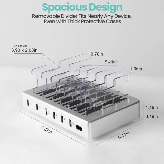 Alt view image 2 of 7 - 300W Fast Charging Station for Multiple Devices, 6 Port USB Charging Hub, Universal Desktop Charger Organizer Compatible with iPhone iPad Android Phones Tablets Kindle Home Office Travel