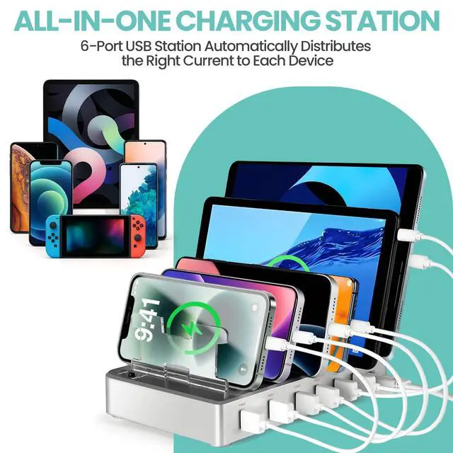 Alt view image 3 of 7 - 300W Fast Charging Station for Multiple Devices, 6 Port USB Charging Hub, Universal Desktop Charger Organizer Compatible with iPhone iPad Android Phones Tablets Kindle Home Office Travel