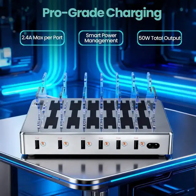 Alt view image 4 of 7 - 300W Fast Charging Station for Multiple Devices, 6 Port USB Charging Hub, Universal Desktop Charger Organizer Compatible with iPhone iPad Android Phones Tablets Kindle Home Office Travel