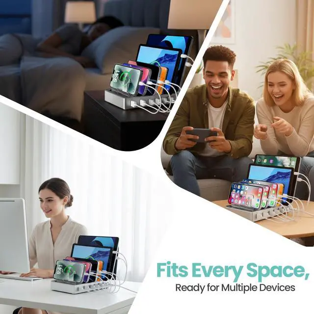 Alt view image 5 of 7 - 300W Fast Charging Station for Multiple Devices, 6 Port USB Charging Hub, Universal Desktop Charger Organizer Compatible with iPhone iPad Android Phones Tablets Kindle Home Office Travel