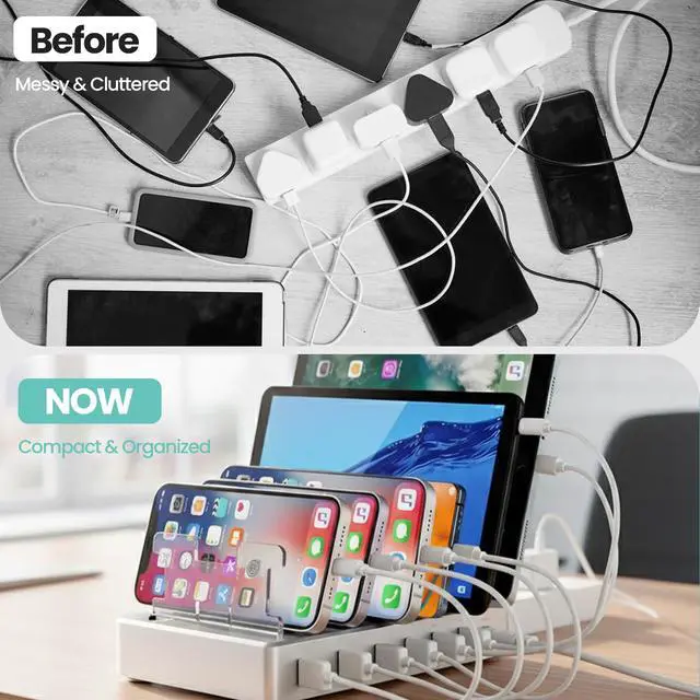 Alt view image 6 of 7 - 300W Fast Charging Station for Multiple Devices, 6 Port USB Charging Hub, Universal Desktop Charger Organizer Compatible with iPhone iPad Android Phones Tablets Kindle Home Office Travel