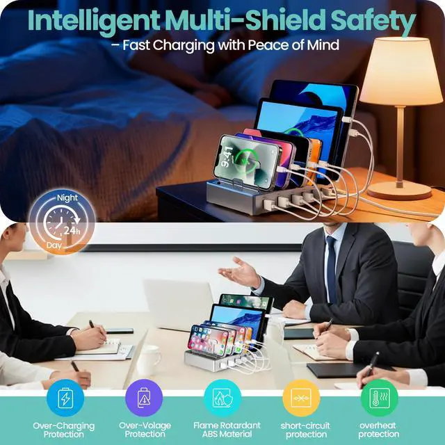 Alt view image 7 of 7 - 300W Fast Charging Station for Multiple Devices, 6 Port USB Charging Hub, Universal Desktop Charger Organizer Compatible with iPhone iPad Android Phones Tablets Kindle Home Office Travel