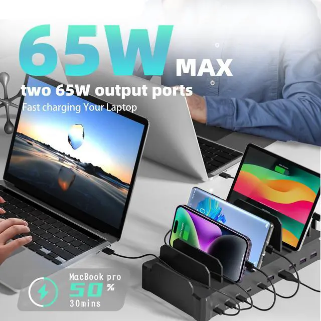 Alt view image 3 of 7 - 420W Charging Station for Multiple Devices, Zobirez 10-Port USB C Fast Charger Stations for MacBook, iPhone, Android Cell Phone, iPad, Tablet, Family Multi-Device Organizer Charging Dock, Black