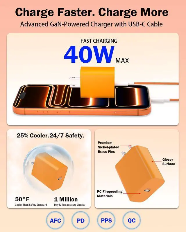 Alt view image 2 of 7 - iPhone 17 16 15 Charger Fast Charging,2-Pack 40W GaN III USB C Chargers with MFi Certified 10ft Type C Cables, PD3.0 PPS USB C Charger Block for iPhone 17/16/15 Pro Max, Samsung S25, iPad, MacBook
