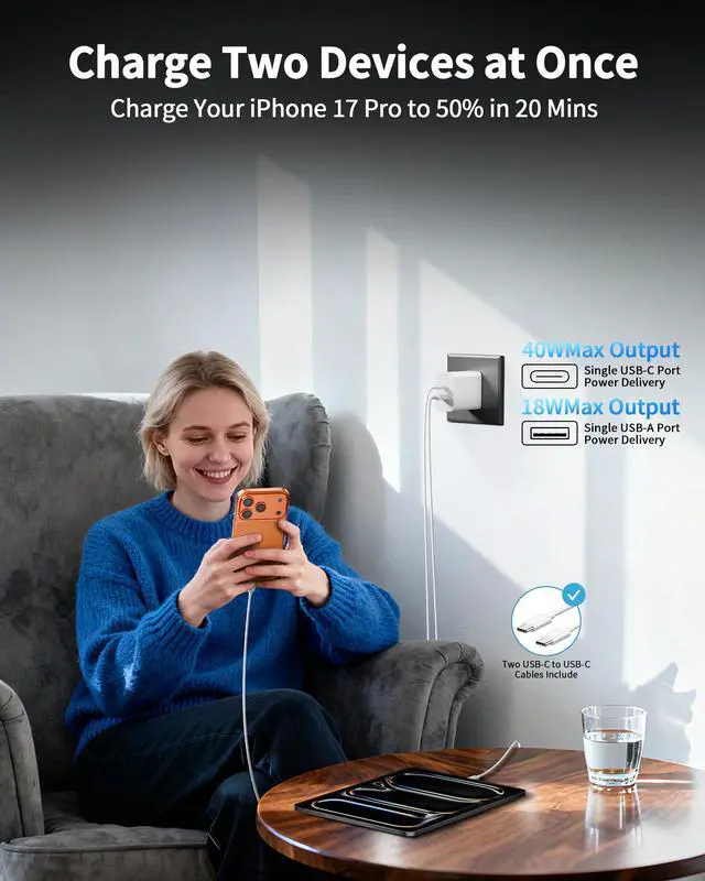 Alt view image 3 of 7 - iPhone 17e/17/16 Charger, 2-Pack 40W PD/QC Fast USB C Charger Block with 10FT Long USB-C Cable Power Cord for iPhone 17/17 Pro Max/Air/17e/16/16 Pro/15/15 Pro Max/Plus, iPad Pro, Air 5/4th, Mini 6/5th