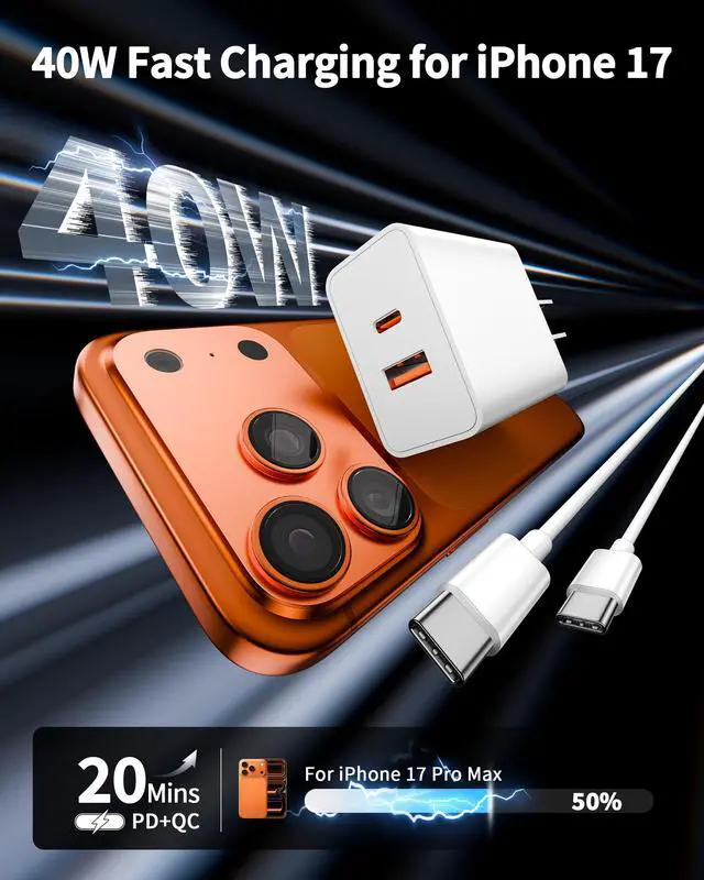 Alt view image 2 of 7 - iPhone 17e/17/16 Charger, 2-Pack 40W PD/QC Fast USB C Charger Block with 10FT Long USB-C Cable Power Cord for iPhone 17/17 Pro Max/Air/17e/16/16 Pro/15/15 Pro Max/Plus, iPad Pro, Air 5/4th, Mini 6/5th