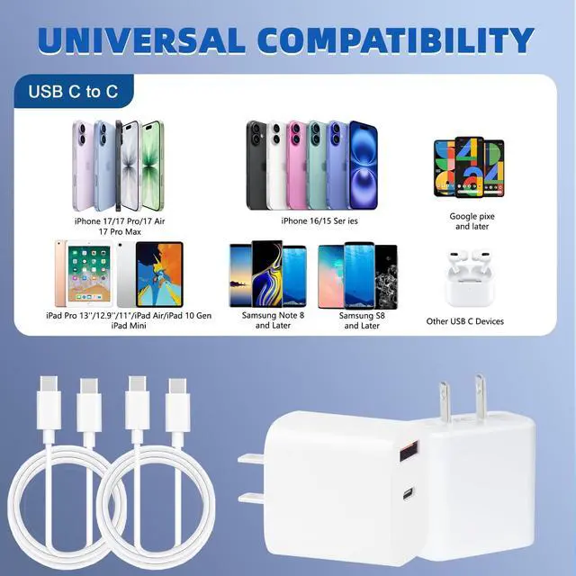 Alt view image 3 of 7 - USB C Charger Block for iPhone 17 16,40W Dual Port A/C Phone Chargers,2Pack Type C Charger Fast Charging Wall Chargers Quick 10FT USB C Cable for iPhone 17/17 Pro Max/17 Air/16 Pro/16e/15 Plus/15 Pro