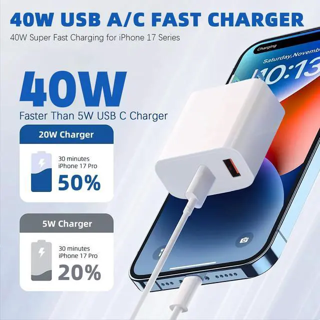 Alt view image 2 of 7 - USB C Charger Block for iPhone 17 16,40W Dual Port A/C Phone Chargers,2Pack Type C Charger Fast Charging Wall Chargers Quick 10FT USB C Cable for iPhone 17/17 Pro Max/17 Air/16 Pro/16e/15 Plus/15 Pro