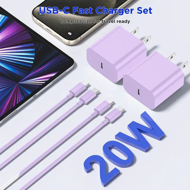 Alt view image 5 of 7 - iPhone 17 16 15 Charger Fast Charging,2Pack 20W Apple iPad USB C Wall Chrager Block with 6FT USB C to C Cable for iPhone 17/Pro/Pro Max/17 Air/ 16/16 Pro/16 Pro Max/15/Plus/Pro/Pro Max (Purple)
