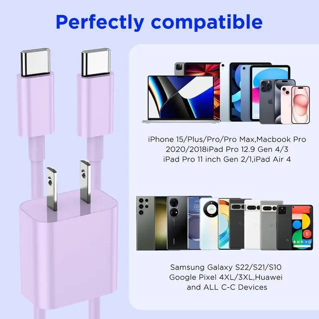 Alt view image 7 of 7 - iPhone 17 16 15 Charger Fast Charging,2Pack 20W Apple iPad USB C Wall Chrager Block with 6FT USB C to C Cable for iPhone 17/Pro/Pro Max/17 Air/ 16/16 Pro/16 Pro Max/15/Plus/Pro/Pro Max (Purple)