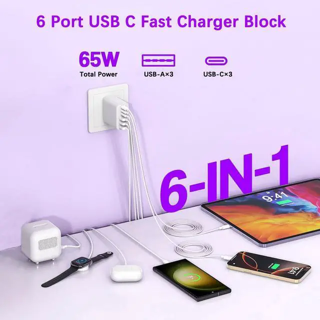 Alt view image 4 of 7 - 65W USB C Charger Block,6-Port iPhone Charger Fast Charging,Multiport PD 3.0 Type C Chargers Brick QC Power Charger Adapter for iPhone 17/16/15/14/13/12 Pro Max,iPad,iPod,AirPods Pro,Samsung S26 S25