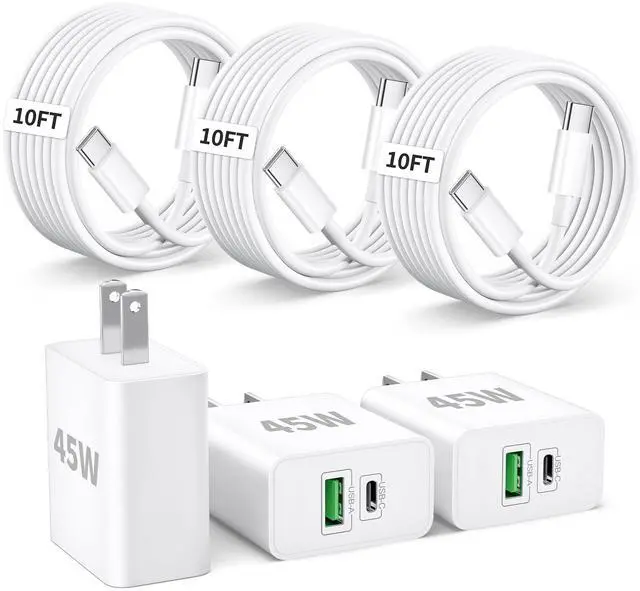 Main image of iPhone 17e/17 Fast Charger, 3-Pack 45W Type C Super Fast Charging Block PD/QC Dual Port USB C Wall Charger with 10FT Long USB C Cable Power Cord for iPhone 17e/17/17 Pro Max/16/15 Pro Max/Plus, iPad
