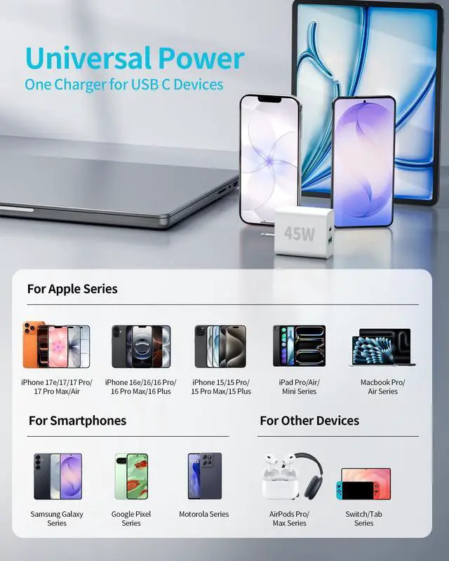 Alt view image 4 of 7 - iPhone 17e/17 Fast Charger, 3-Pack 45W Type C Super Fast Charging Block PD/QC Dual Port USB C Wall Charger with 10FT Long USB C Cable Power Cord for iPhone 17e/17/17 Pro Max/16/15 Pro Max/Plus, iPad