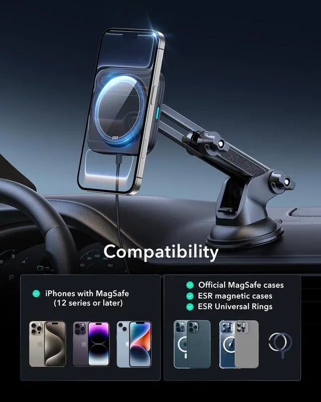 Alt view image 5 of 7 - for 15W MagSafe Car Mount Charger, for MagSafe Car Charger, Suction Cup Magnetic Wireless Car Charging, Dashboard Car Phone Mount for iPhone 17/16/15/14/13/12, S25, Pixel 10, Fast Charging