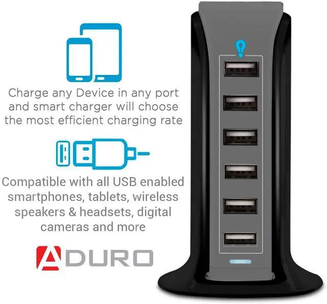Alt view image 3 of 6 - 40W 6-Port USB Desktop Charging Station Hub Wall Charger for iPhone iPad Tablets Smartphones with Smart Flow (Black/Grey)