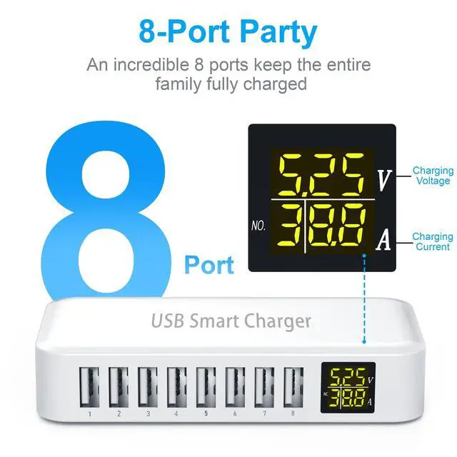 Alt view image 2 of 6 - USB Charging Station, Ziwodiv 8-Port 60W/12A Charger Station, Multi Ports USB-A Charging Hub with LED Display, Compact Desktop Charger for Multiple Devices, iPhone iPad Samsung Android and Tablet
